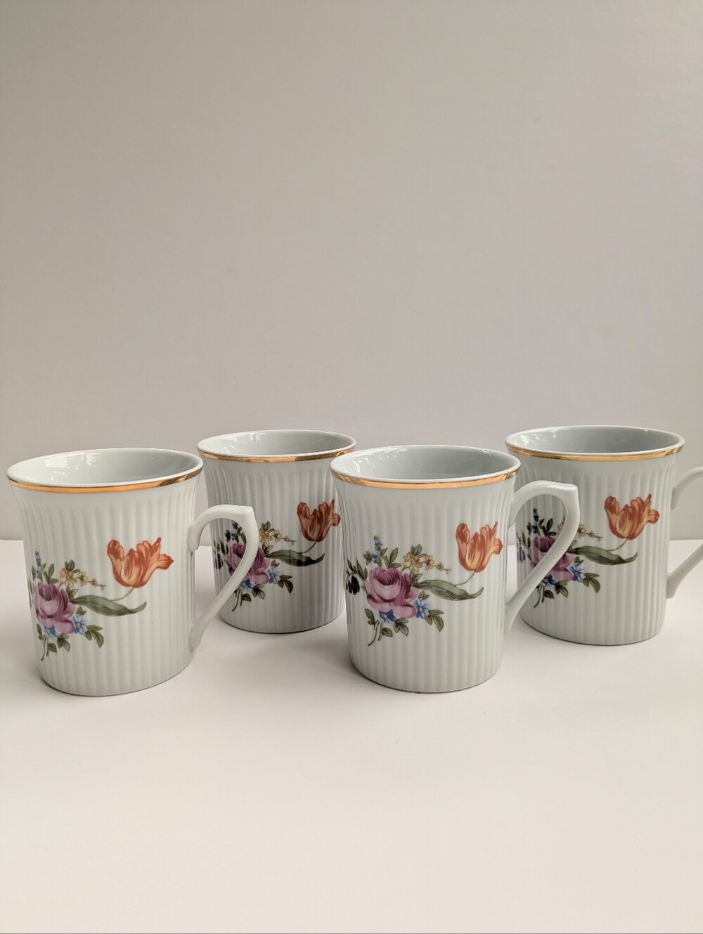 Vintage Jlmenau Graf Von Henneberg Porcelain Coffee Mugs Germany Floral Set Of 4
